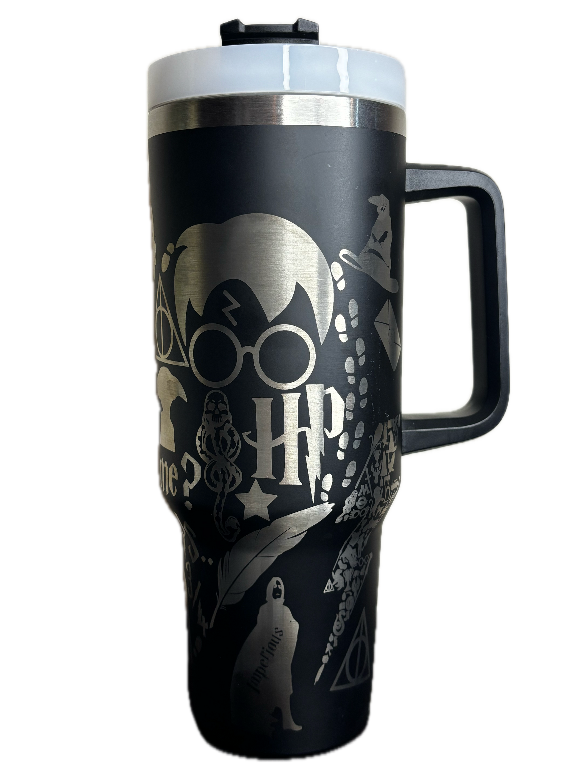 Black travel mug with silver HP logo and design