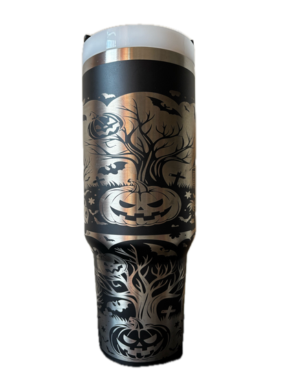 Black tumbler with Halloween-themed design